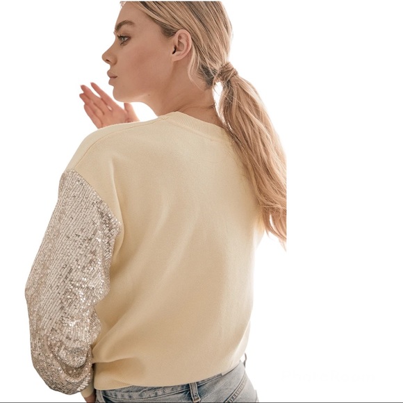 LUSH Sequin Sleeve Sweater Silver Cream Coquette Comfy Cozy Winter Sparkly Small - Picture 8 of 15